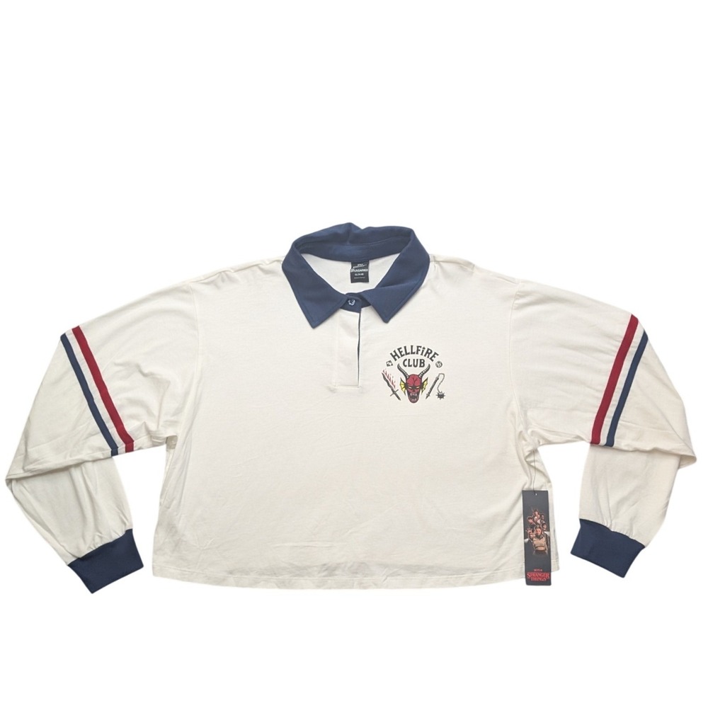 NWT No Boundaries Stranger Things Hellfire Club‎ Polo Womens XL White Cropped